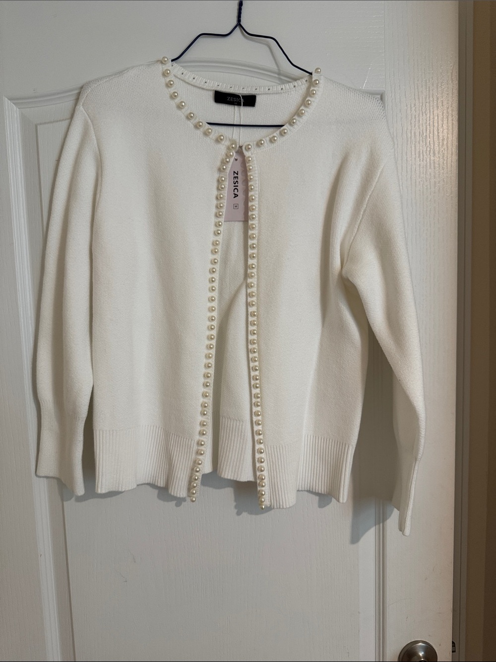 Zesica Women's Cream Pearl-Trim Cardigan
